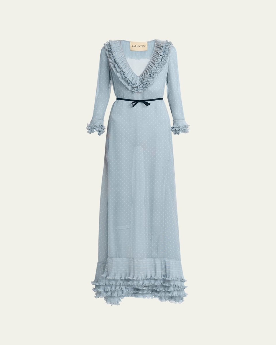 Polka Dot Layered Ruffle Sheer Gown with Ribbon